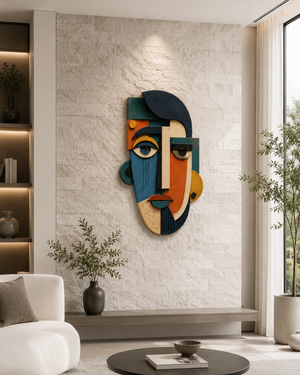 Abstract Cubist Face Plywood Wall Decor, UV Printed Wooden Wall Art, Modern Geometric Mask Sculpture, Boho Living Room Office Gift