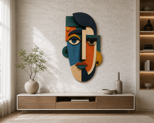 Abstract Cubist Face Plywood Wall Decor, UV Printed Wooden Wall Art, Modern Geometric Mask Sculpture, Boho Living Room Office Gift