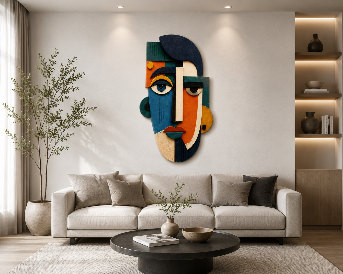 Abstract Cubist Face Plywood Wall Decor, UV Printed Wooden Wall Art, Modern Geometric Mask Sculpture, Boho Living Room Office Gift