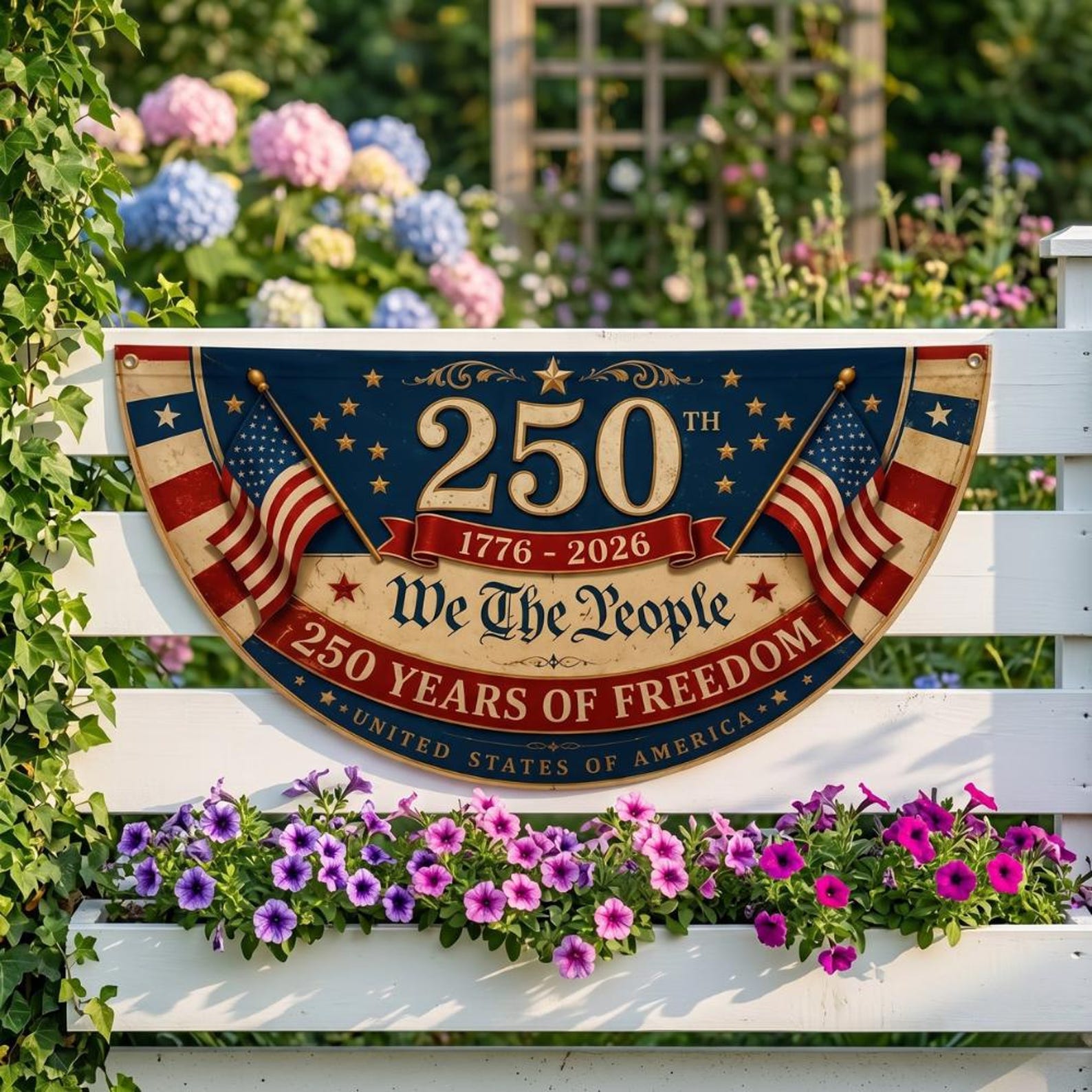 We The People 250th anniversary patriotic semicircle fence flag outdoor decor