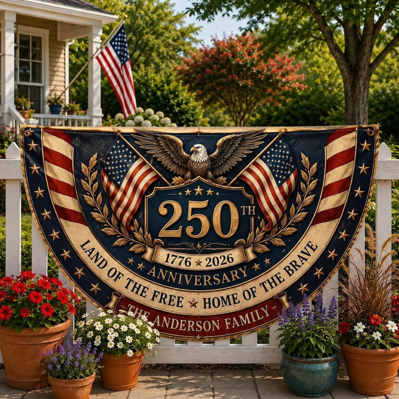 Personalized patriotic semicircle fence flag with eagle artwork and USA 250th anniversary Americana décor