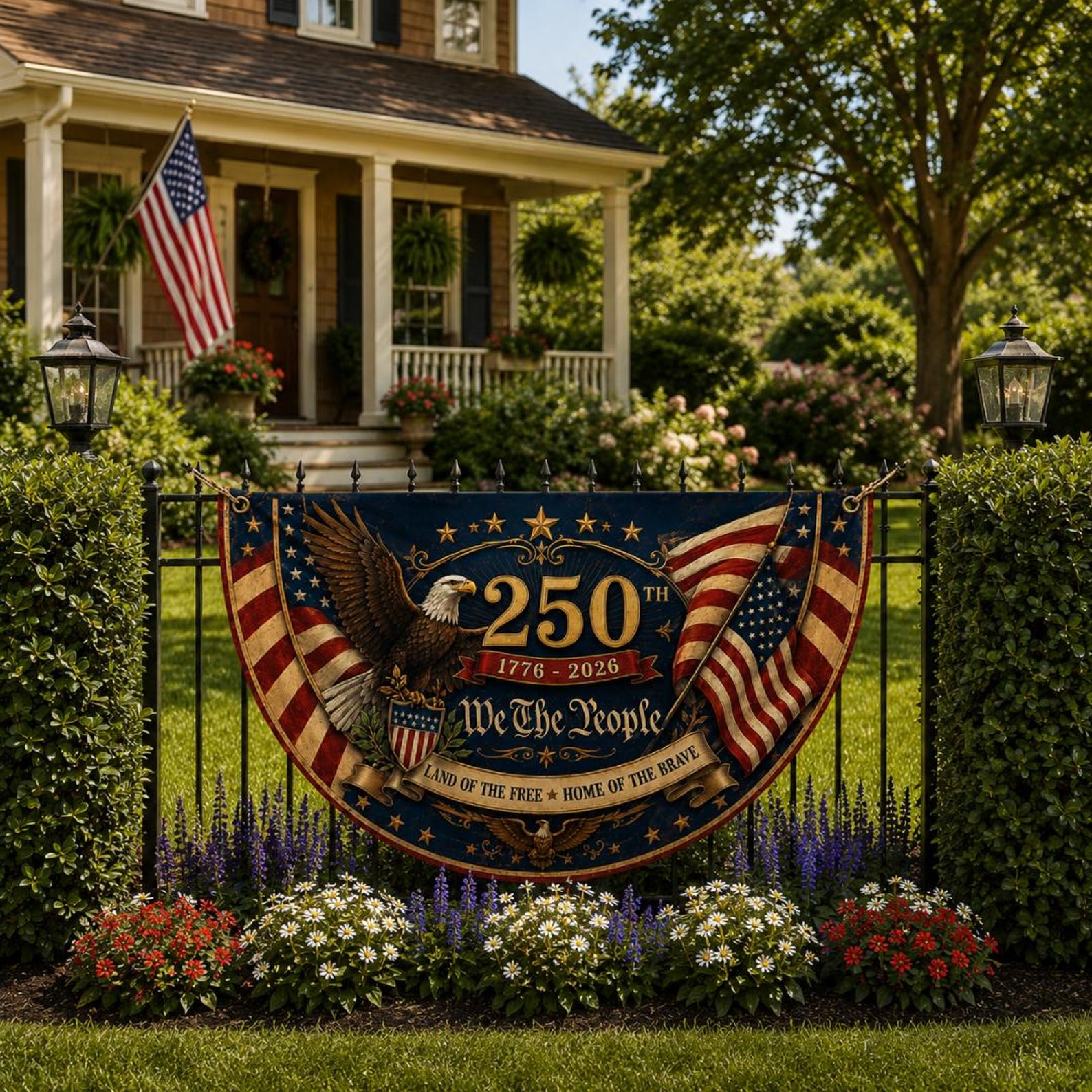Patriotic eagle semicircle fence flag featuring vintage American flags and USA 250th Anniversary 1776-2026 outdoor Americana décor