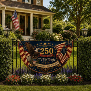 Patriotic eagle semicircle fence flag featuring vintage American flags and USA 250th Anniversary 1776-2026 outdoor Americana décor