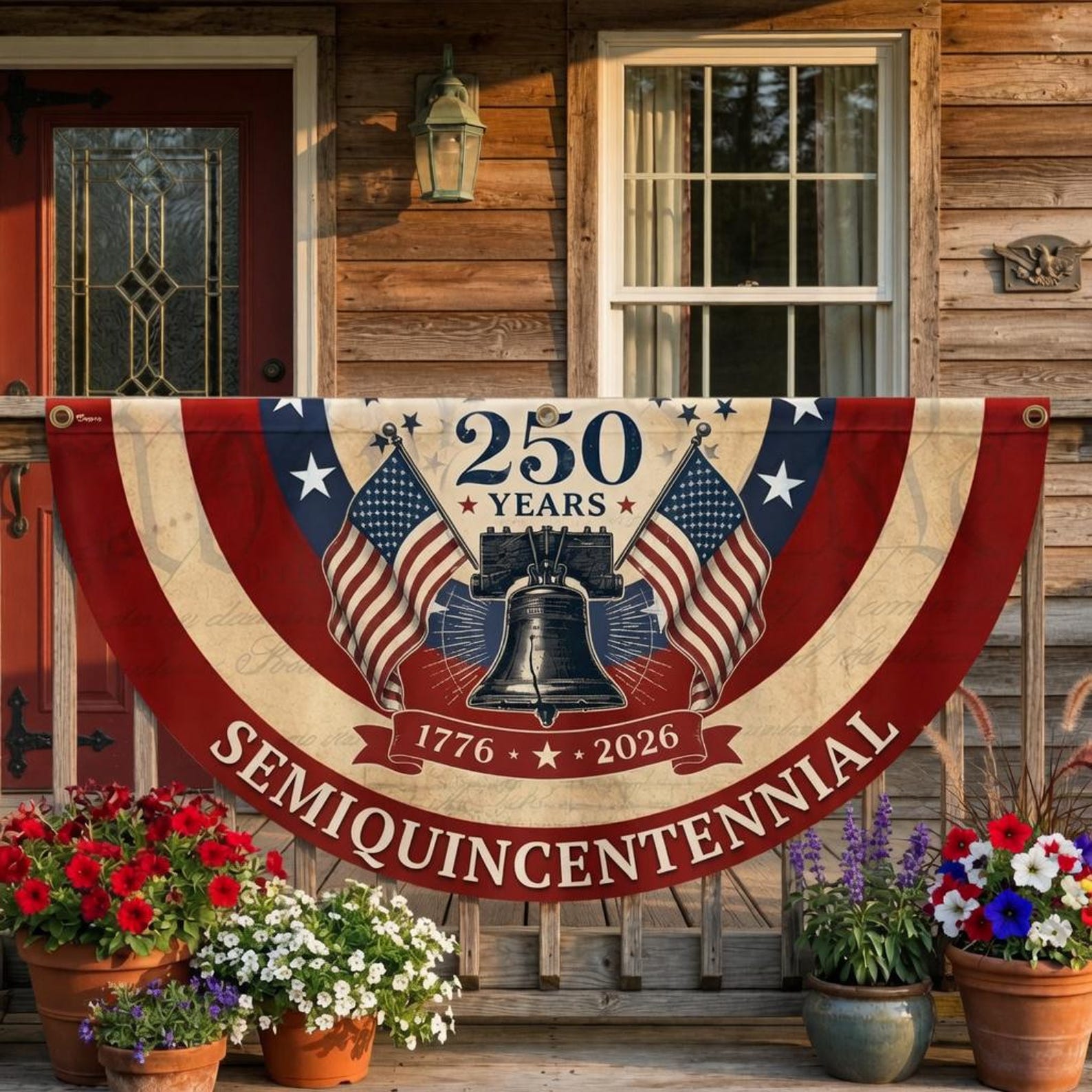 Liberty Bell patriotic semicircle fence banner for America 250th anniversary