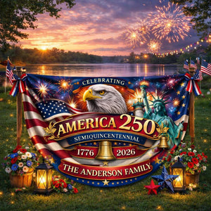 Personalized America 250 patriotic semicircle fence banner with fireworks and eagle