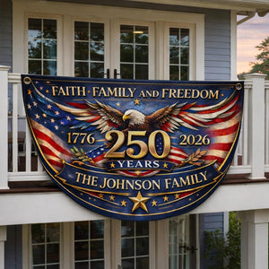 Personalized faith family freedom patriotic semicircle fence banner with eagle and vintage American flag