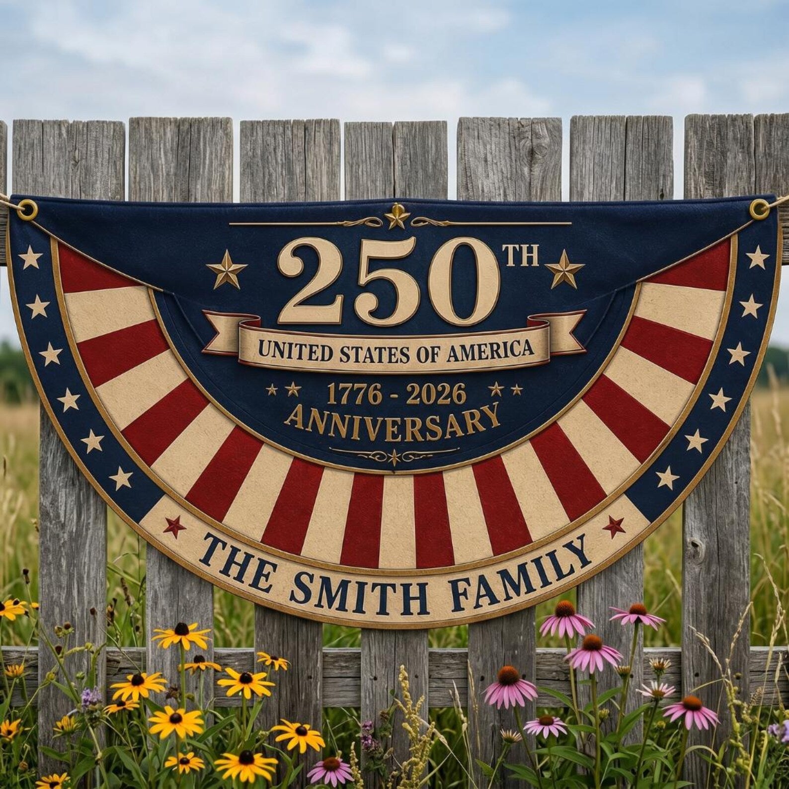 Personalized vintage Americana semicircle fence flag with custom family name and USA 250th anniversary patriotic décor