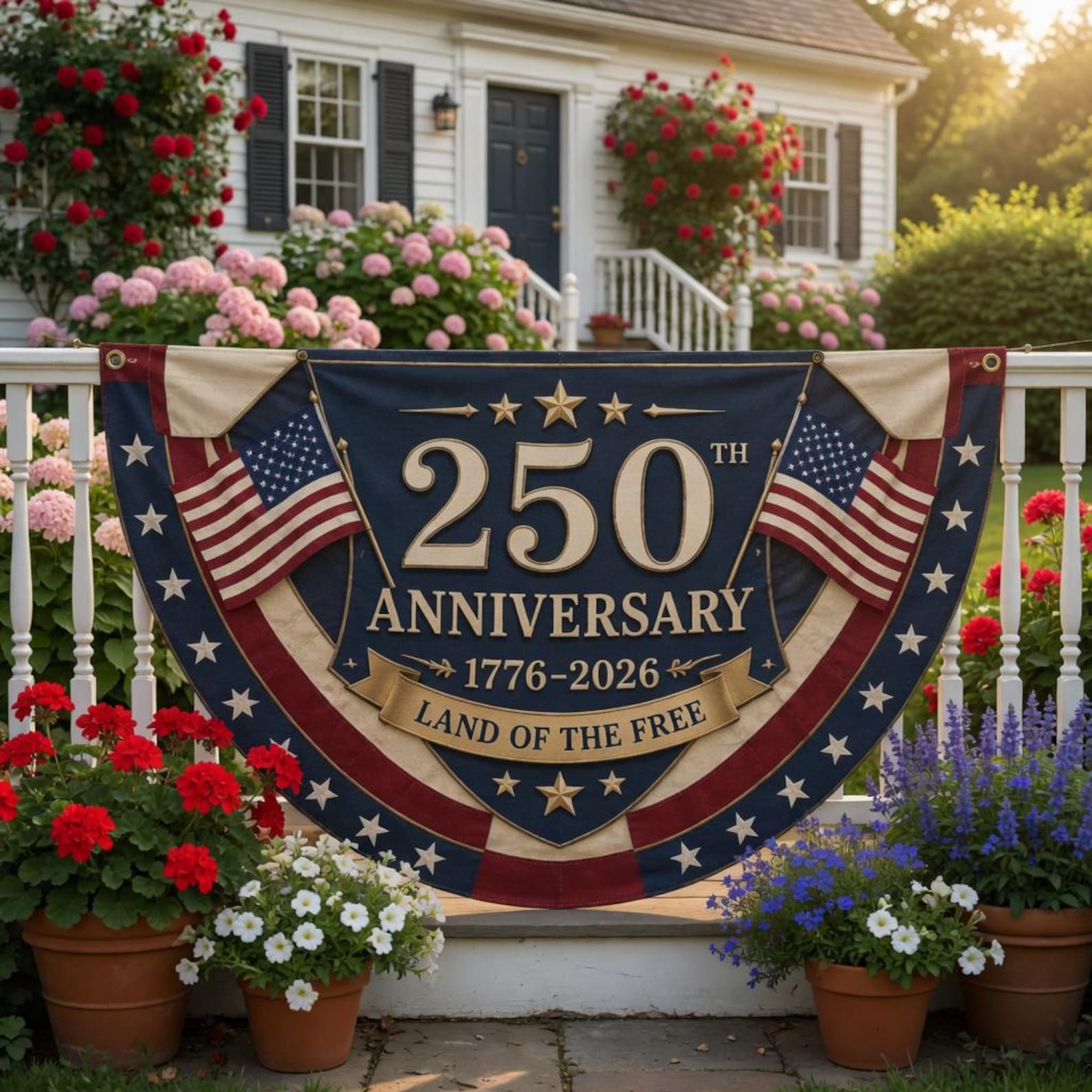 Personalized vintage Americana semicircle fence flag with patriotic bunting design and USA 250th anniversary décor