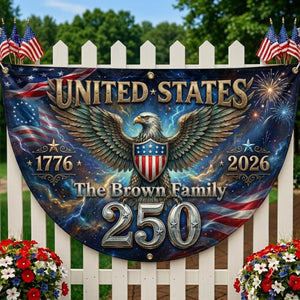 Personalized USA 250th anniversary patriotic semicircle banner with eagle lightning artwork and family name
