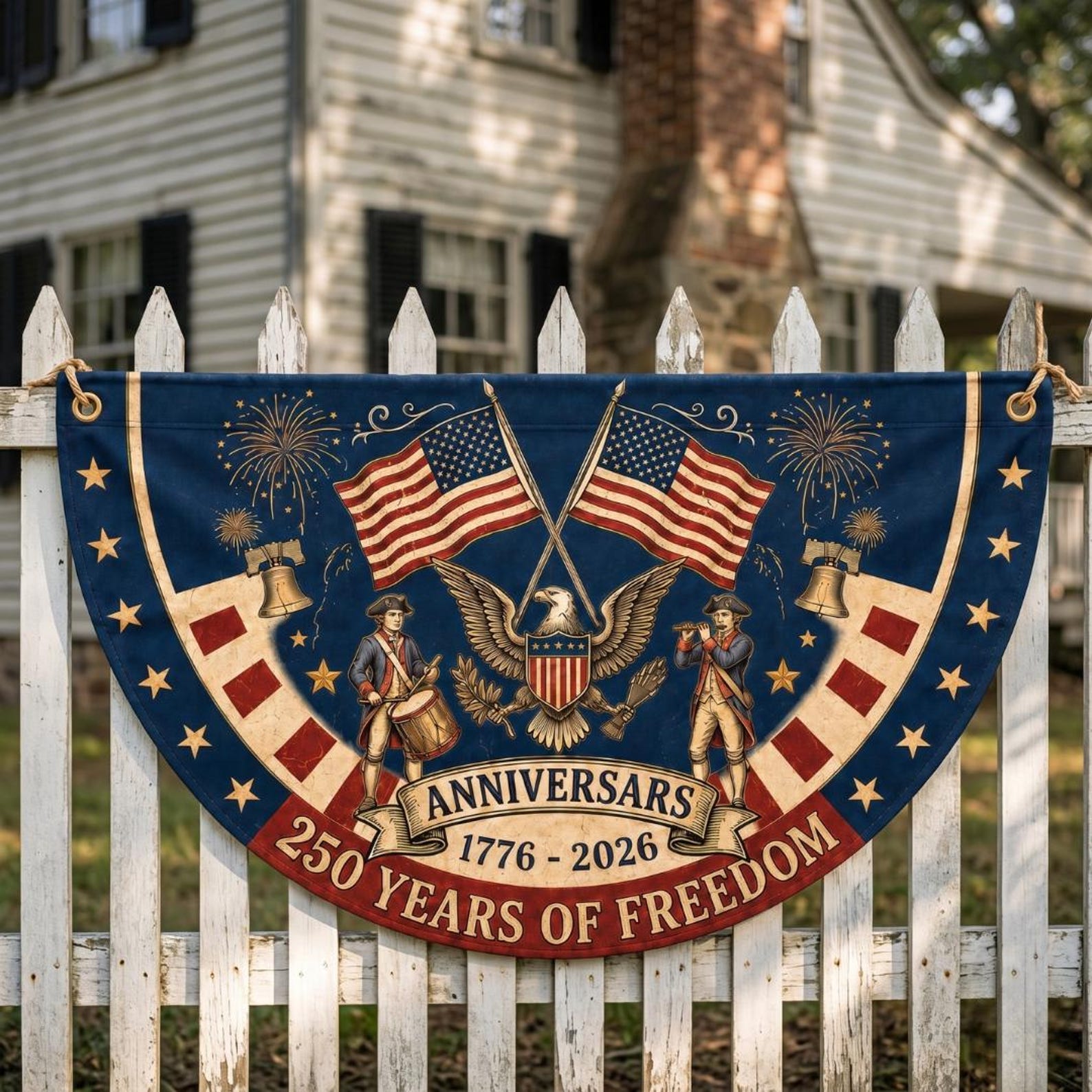 Patriotic semicircle fence flag featuring American eagle, Revolutionary War musicians, USA flags, and 250 years of freedom Americana outdoor décor