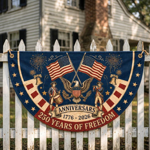 Patriotic semicircle fence flag featuring American eagle, Revolutionary War musicians, USA flags, and 250 years of freedom Americana outdoor décor