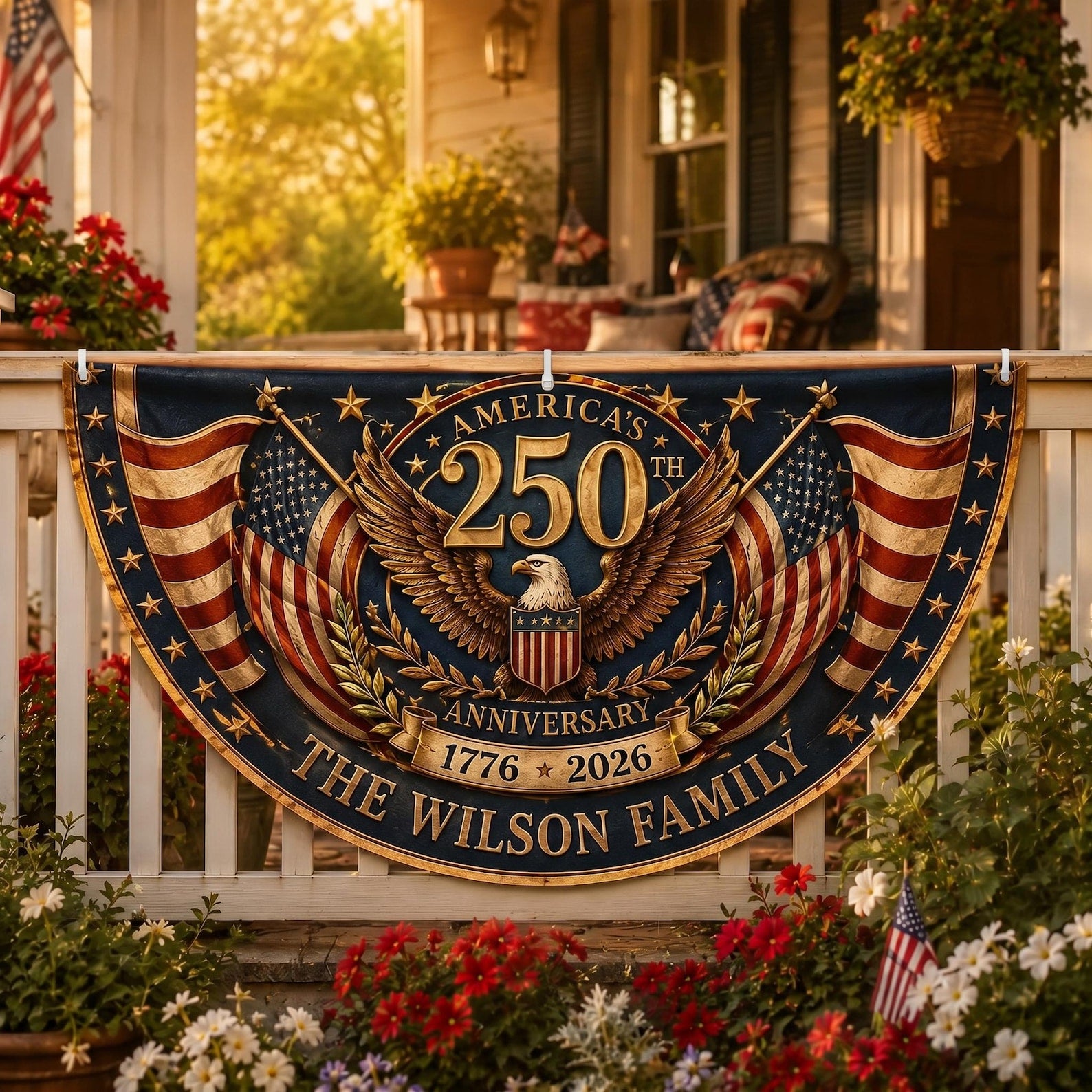 Vintage patriotic semicircle fence flag with American eagle artwork and USA 250th anniversary porch décor