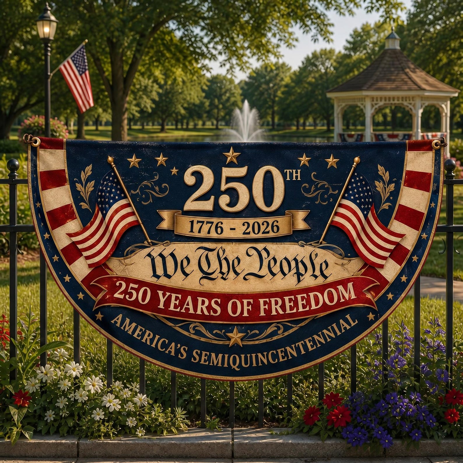 Vintage We The People semicircle fence flag featuring American flags and patriotic USA 250th anniversary outdoor décor