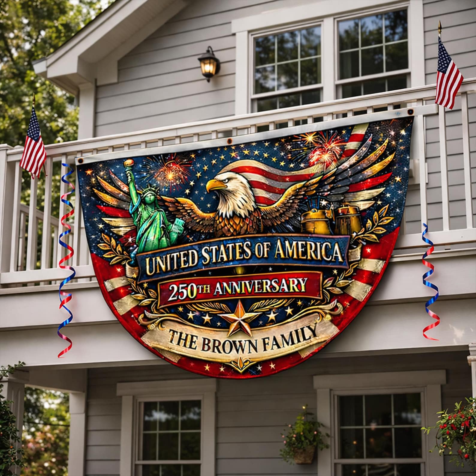 Personalized USA 250th anniversary patriotic semicircle family banner with eagle and Statue of Liberty
