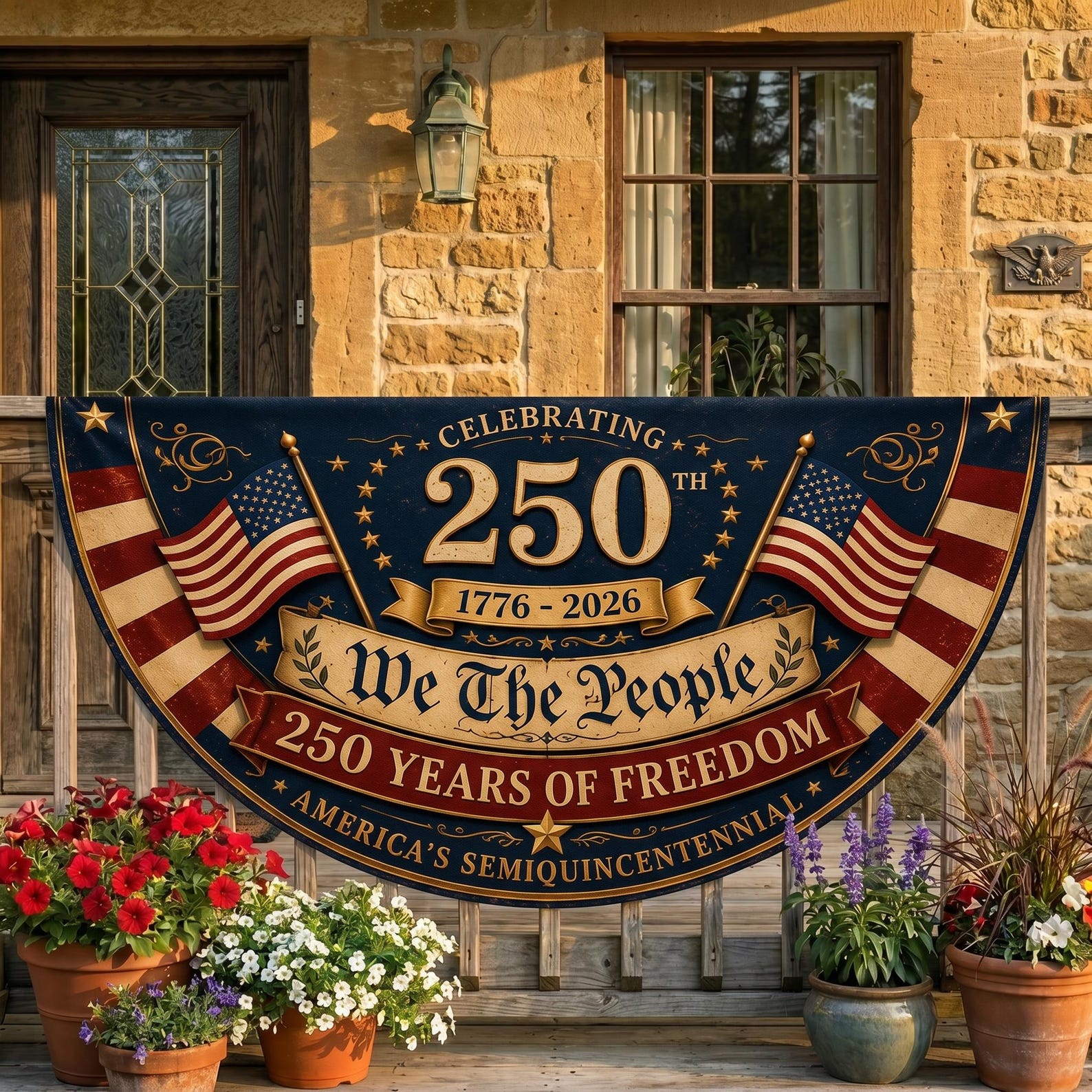 Personalized We The People semicircle fence flag with patriotic American flags and USA 250th anniversary outdoor décor