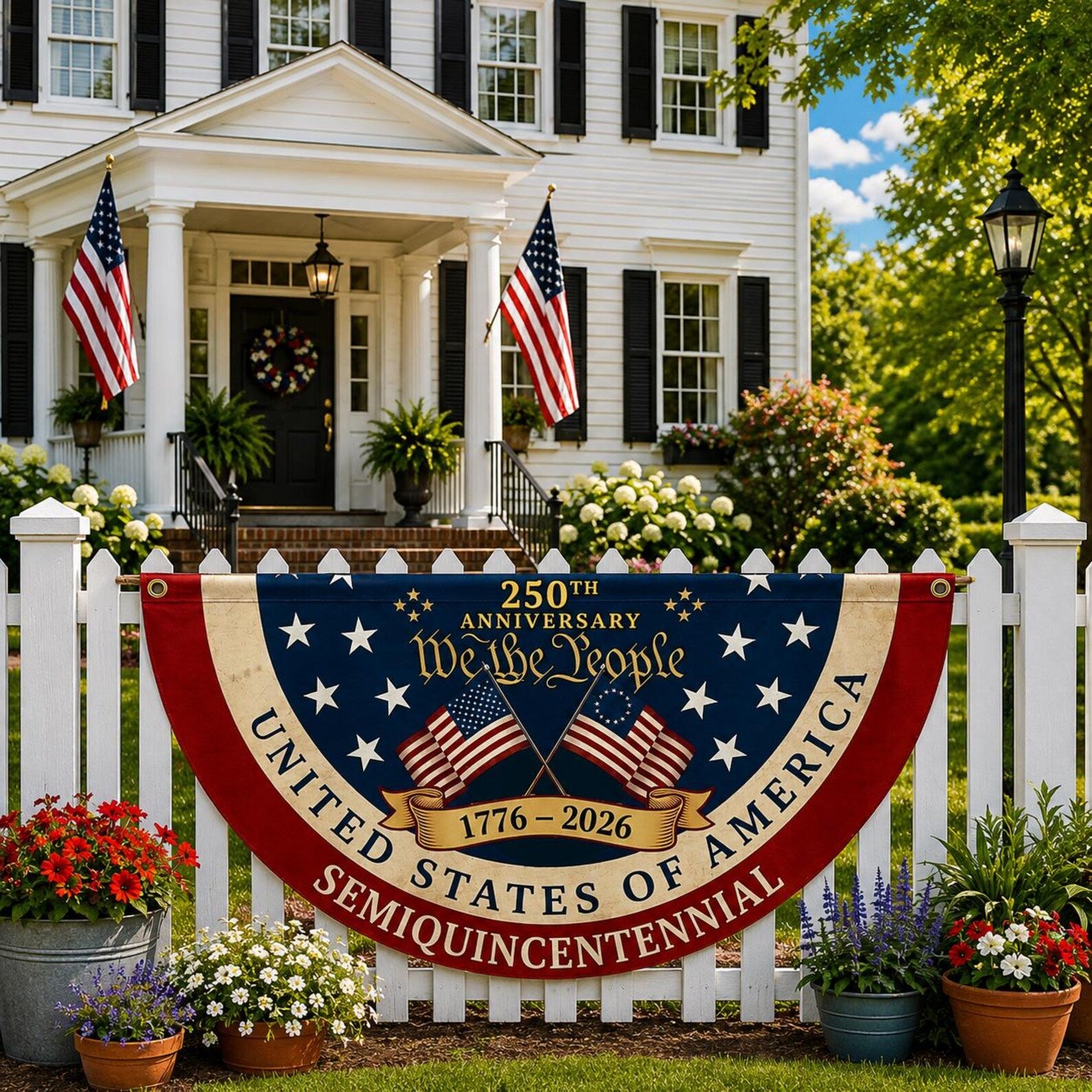 USA semiquincentennial patriotic semicircle fence banner outdoor Americana decor