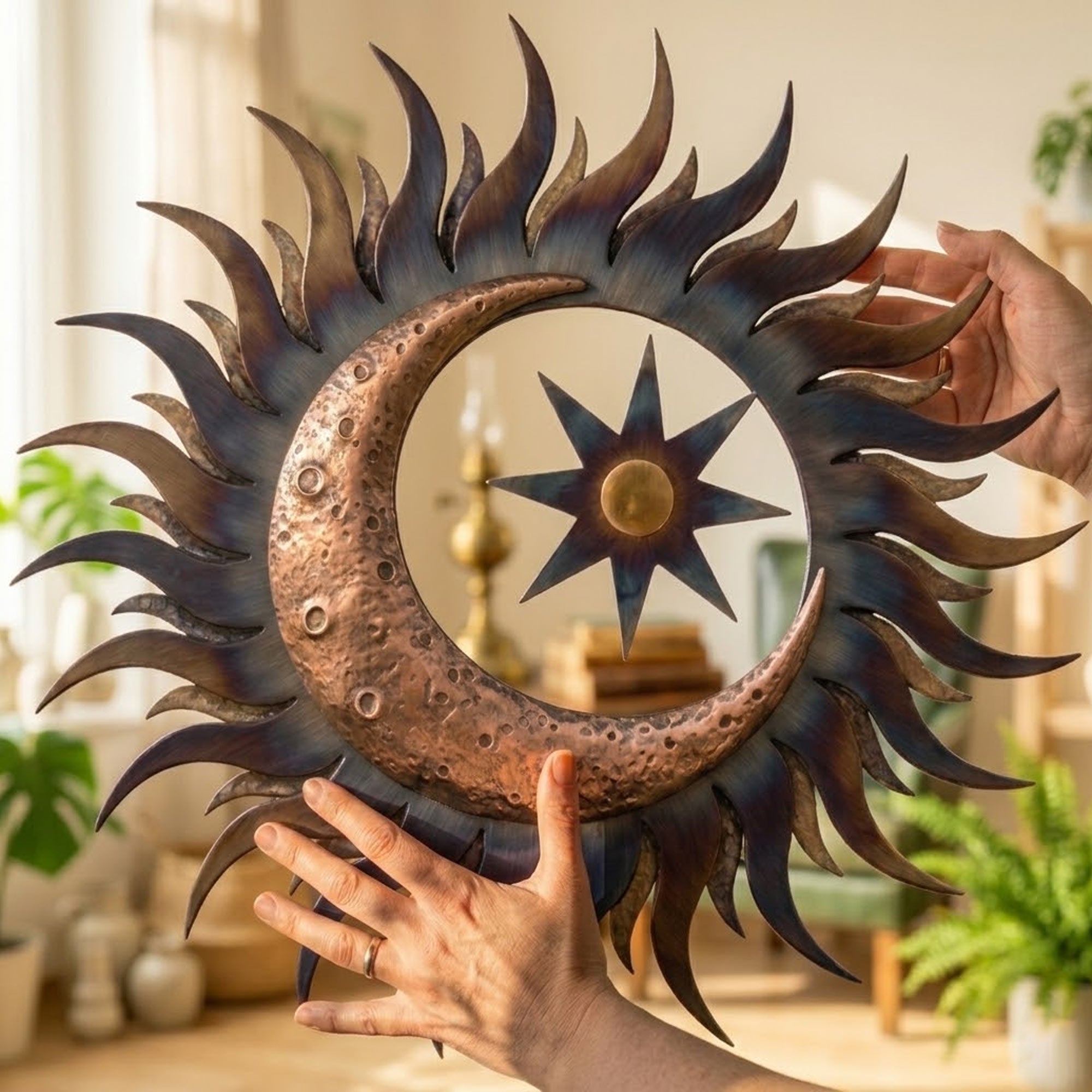 Metal Sun Moon Wall Art Outdoor Metal Sun Decor Boho Celestial Wall Hanging for Garden Patio Home Aluminum UV Printed Metal Sign Unique Gift Decor