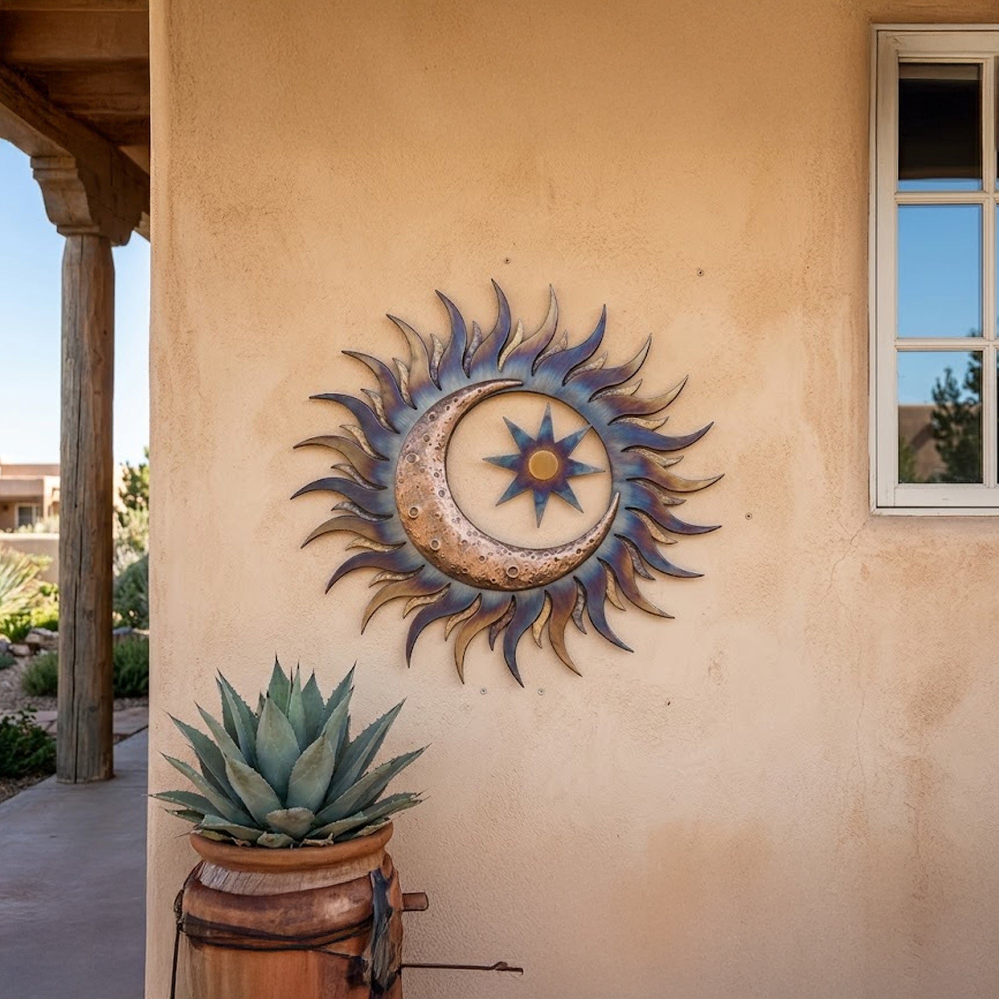 Metal Sun Moon Wall Art Outdoor Metal Sun Decor Boho Celestial Wall Hanging for Garden Patio Home Aluminum UV Printed Metal Sign Unique Gift Decor