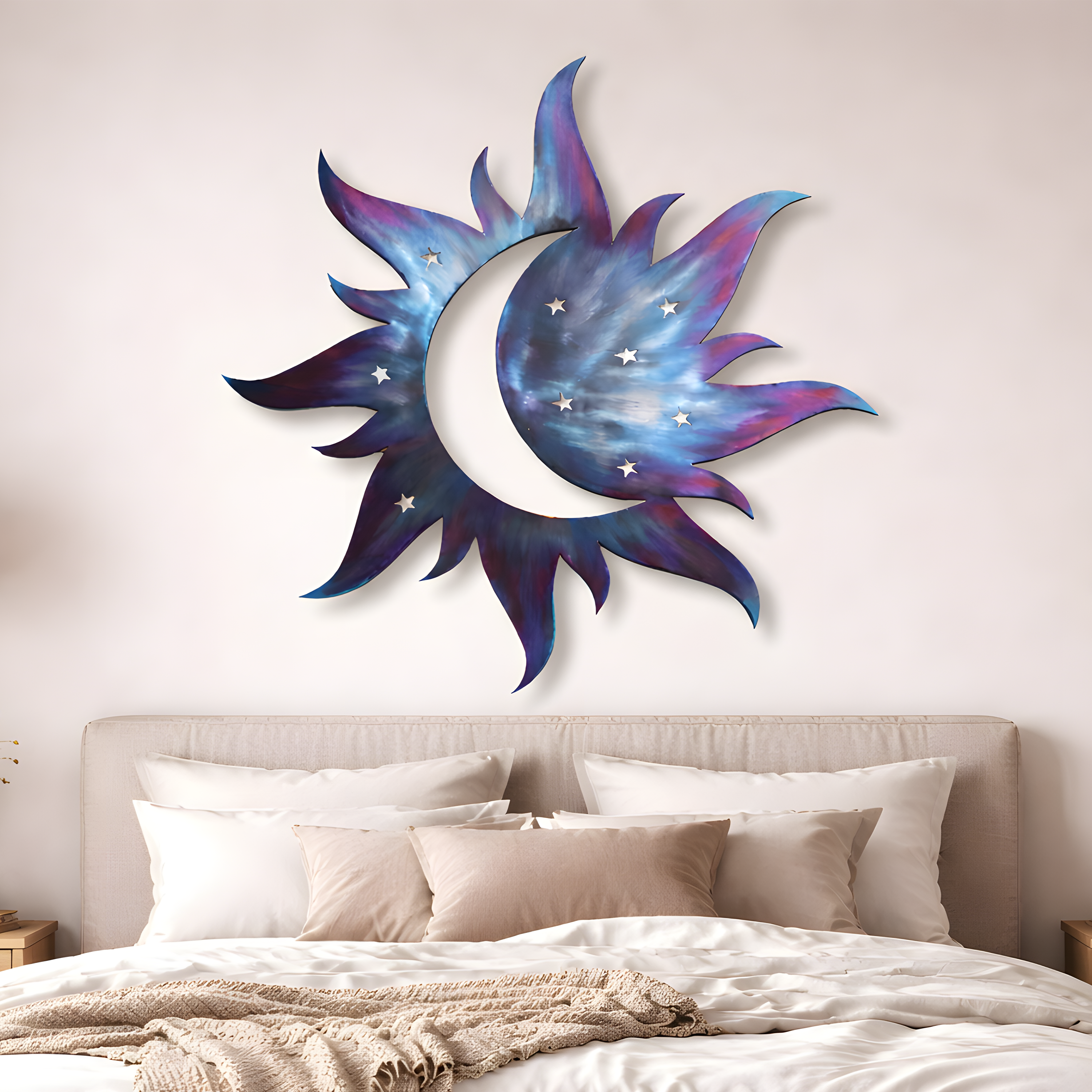 Metal Sun Moon Wall Art Blue Celestial Decor Outdoor Garden Patio Hanging Aluminum UV Printed Moon and Sun Sign for Patio Gift