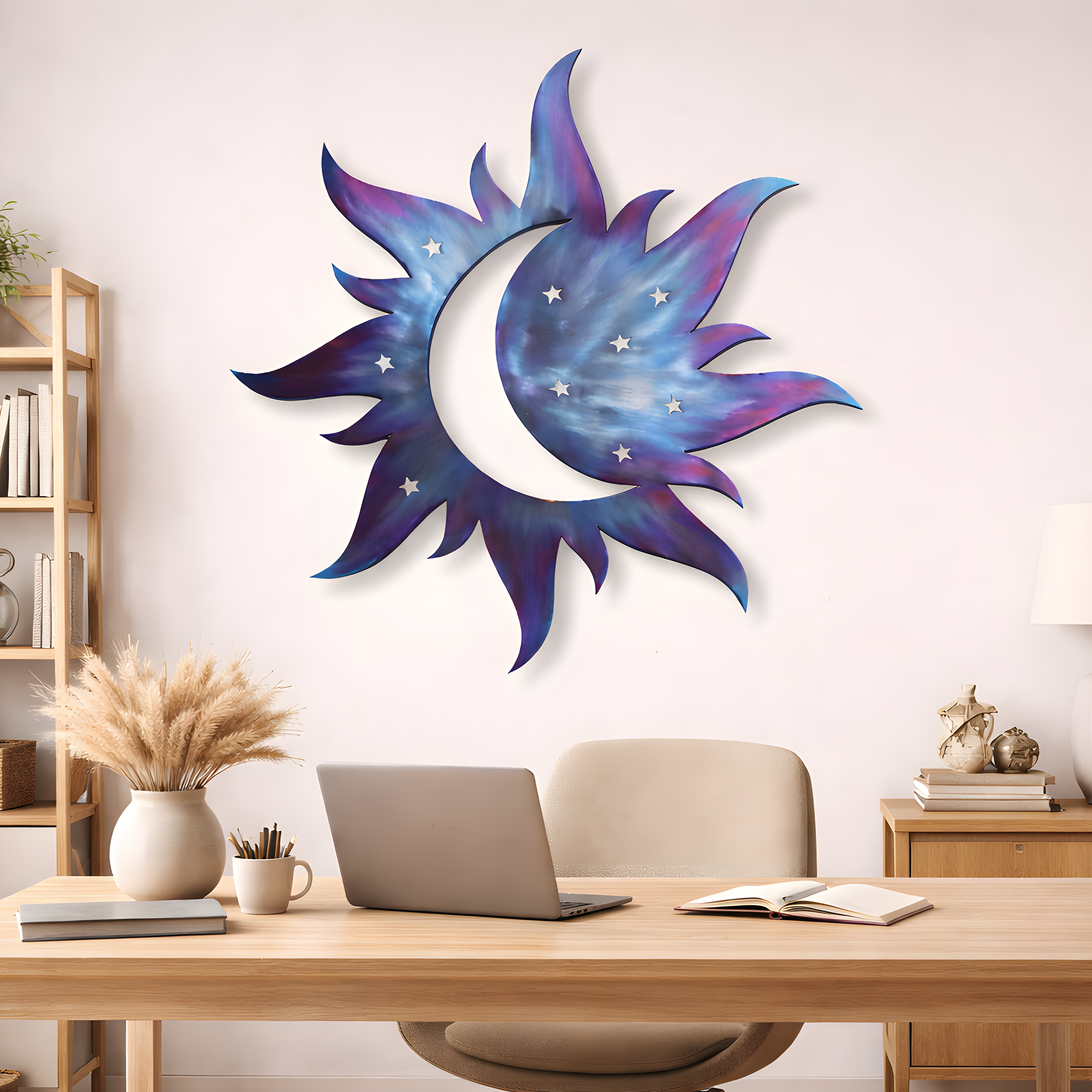 Metal Sun Moon Wall Art Blue Celestial Decor Outdoor Garden Patio Hanging Aluminum UV Printed Moon and Sun Sign for Patio Gift