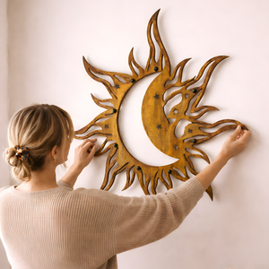 Metal Sun Moon Wall Art Blue Celestial Decor Outdoor Garden Patio Hanging Aluminum UV Printed Moon and Sun Sign for Patio Gift