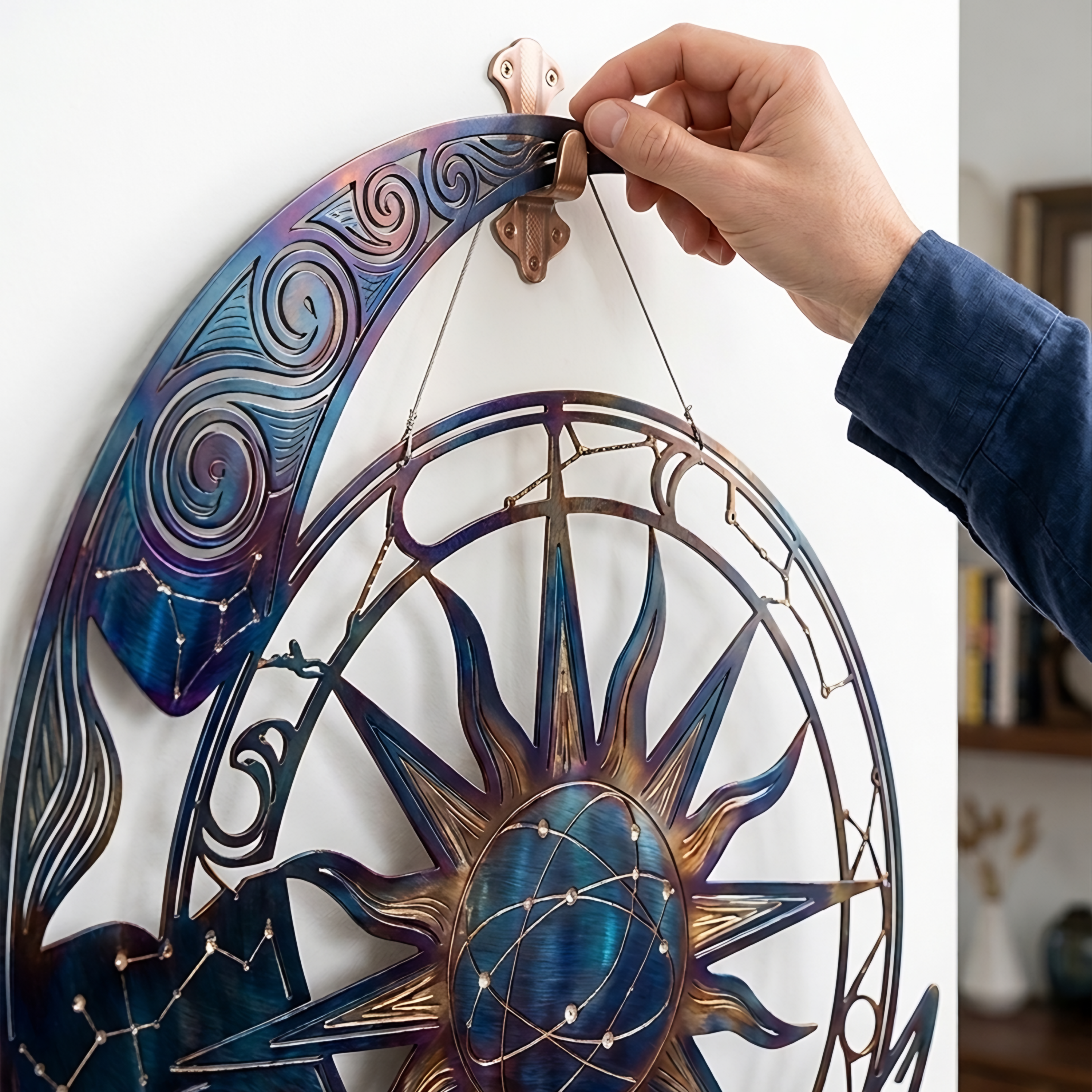 Metal Moon Sun Wall Art Celestial Outdoor Decor Blue Galaxy Hanging Aluminum UV Printed Garden Patio Porch Fence Sign Housewarming Gift
