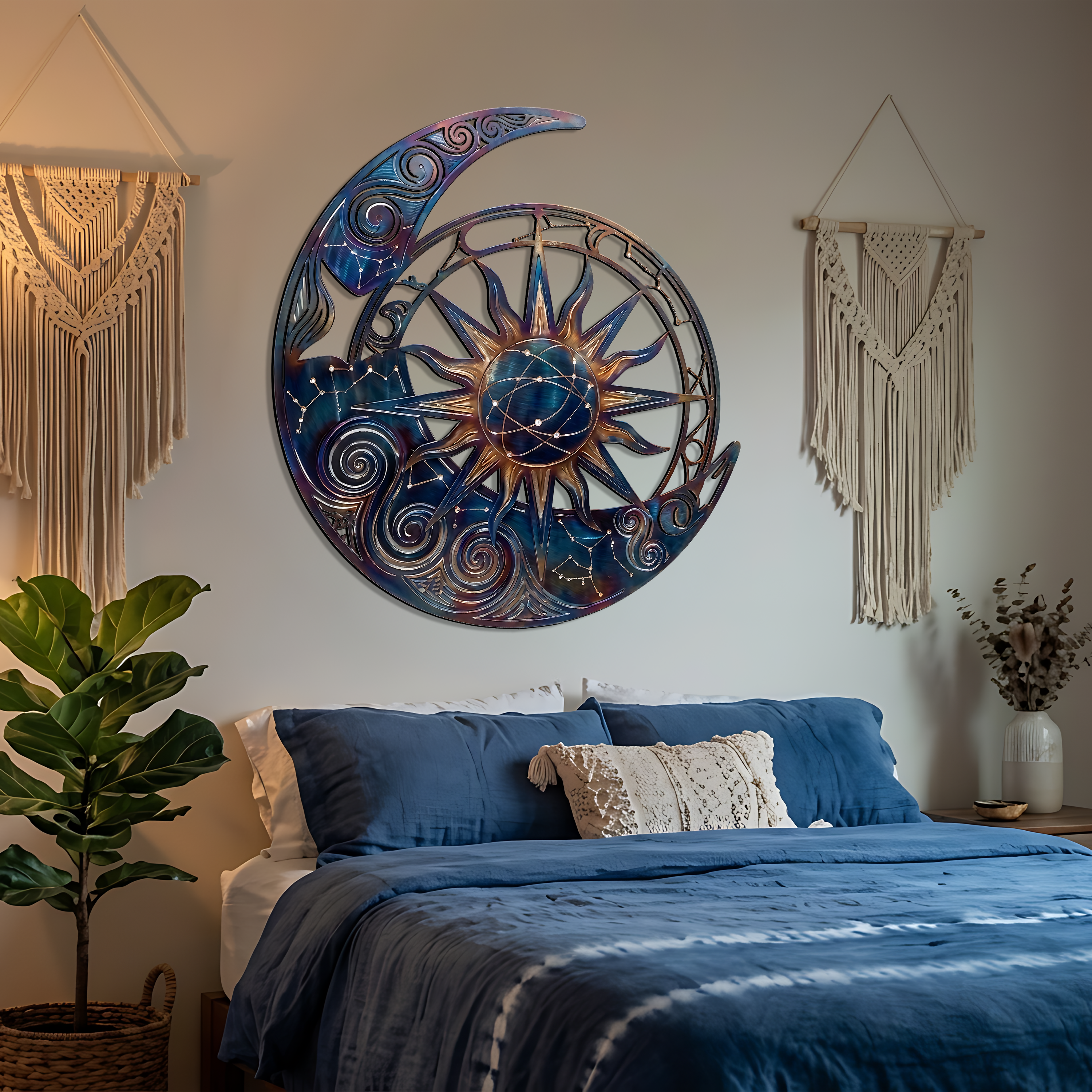 Metal Moon Sun Wall Art Celestial Outdoor Decor Blue Galaxy Hanging Aluminum UV Printed Garden Patio Porch Fence Sign Housewarming Gift
