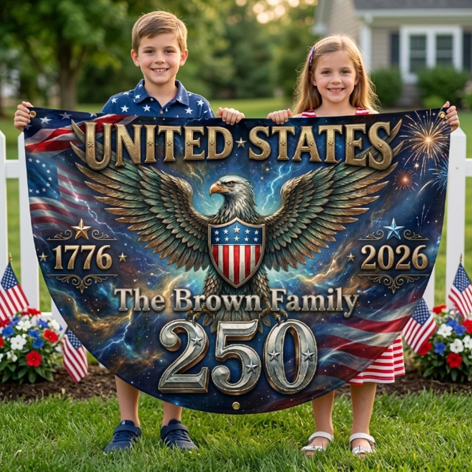 Personalized USA 250th anniversary patriotic semicircle banner with eagle lightning artwork and family name