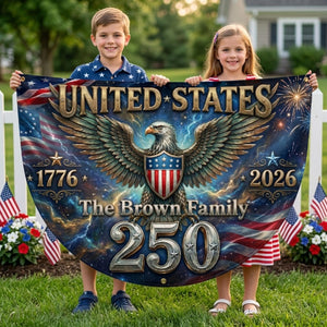 Personalized USA 250th anniversary patriotic semicircle banner with eagle lightning artwork and family name