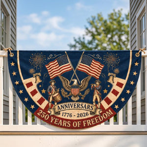 Patriotic semicircle fence flag featuring American eagle, Revolutionary War musicians, USA flags, and 250 years of freedom Americana outdoor décor