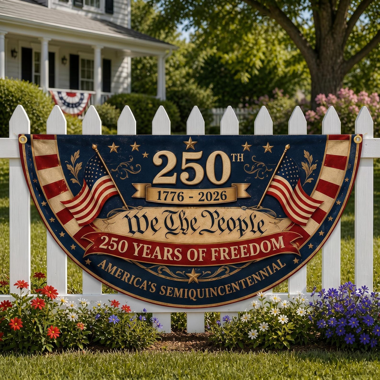 Vintage We The People semicircle fence flag featuring American flags and patriotic USA 250th anniversary outdoor décor