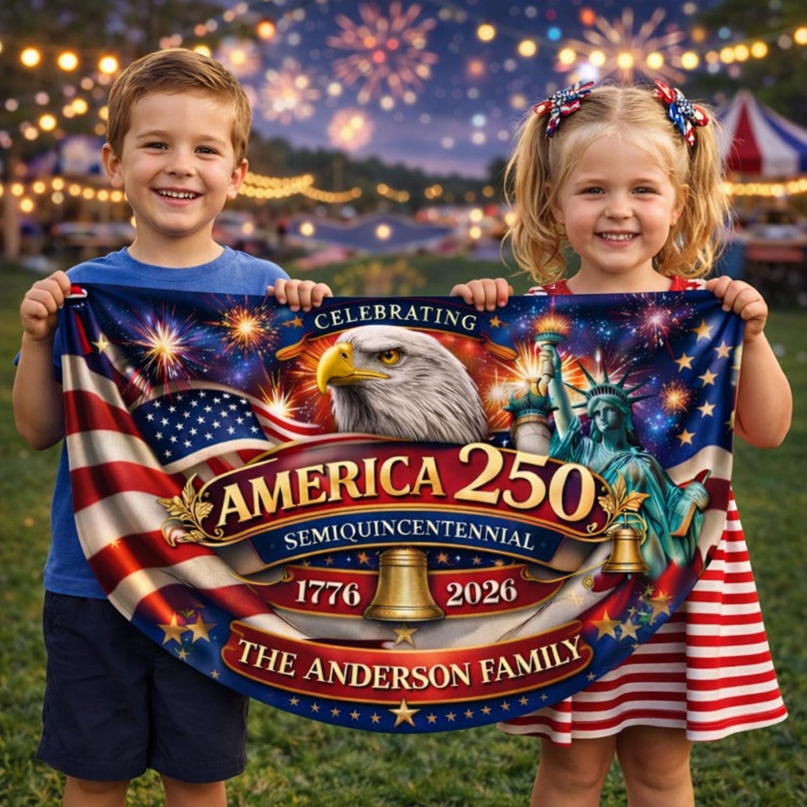 Personalized America 250 patriotic semicircle fence banner with fireworks and eagle