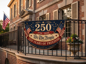 Vintage We The People semicircle fence flag featuring American flags and USA 250th Anniversary 1776-2026 patriotic outdoor porch décor