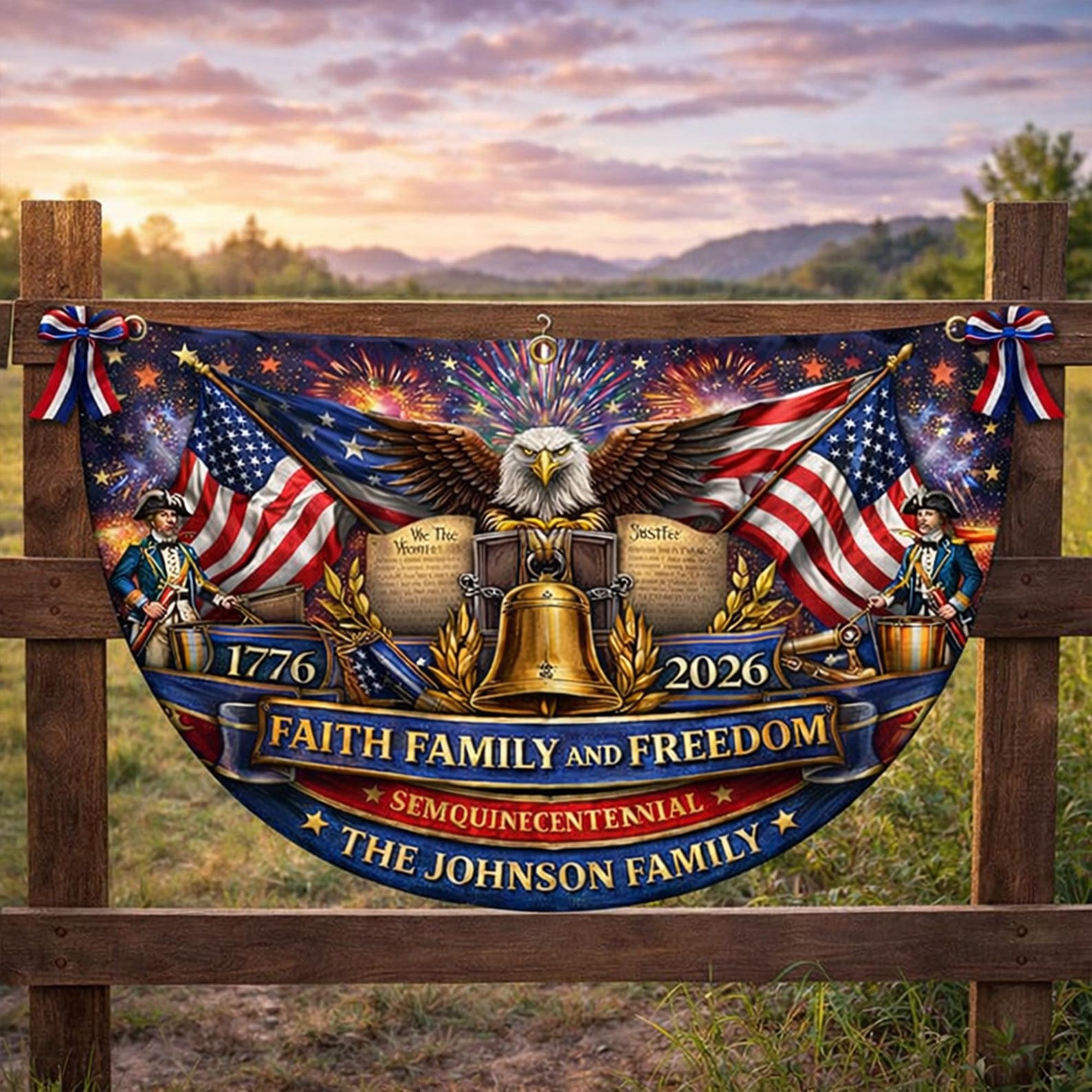 Personalized faith family freedom patriotic semicircle fence banner with eagle and Liberty Bell