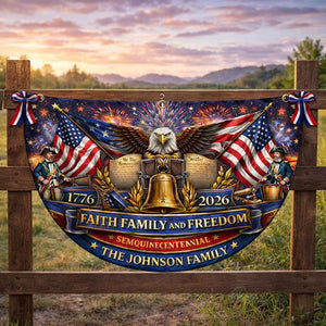 Personalized faith family freedom patriotic semicircle fence banner with eagle and Liberty Bell