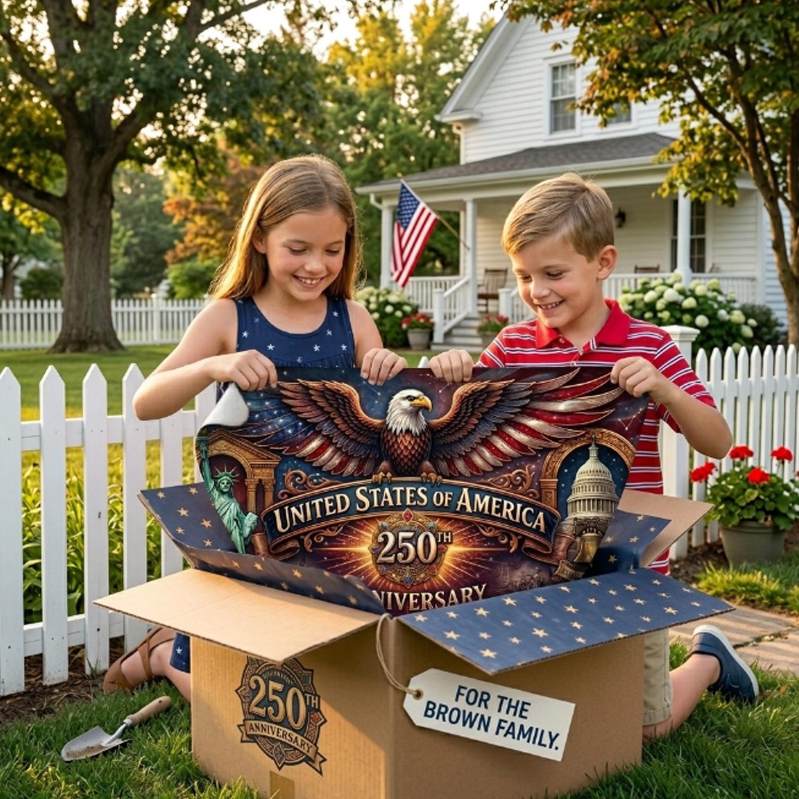 Personalized USA 250th anniversary patriotic semicircle banner with eagle and custom family name