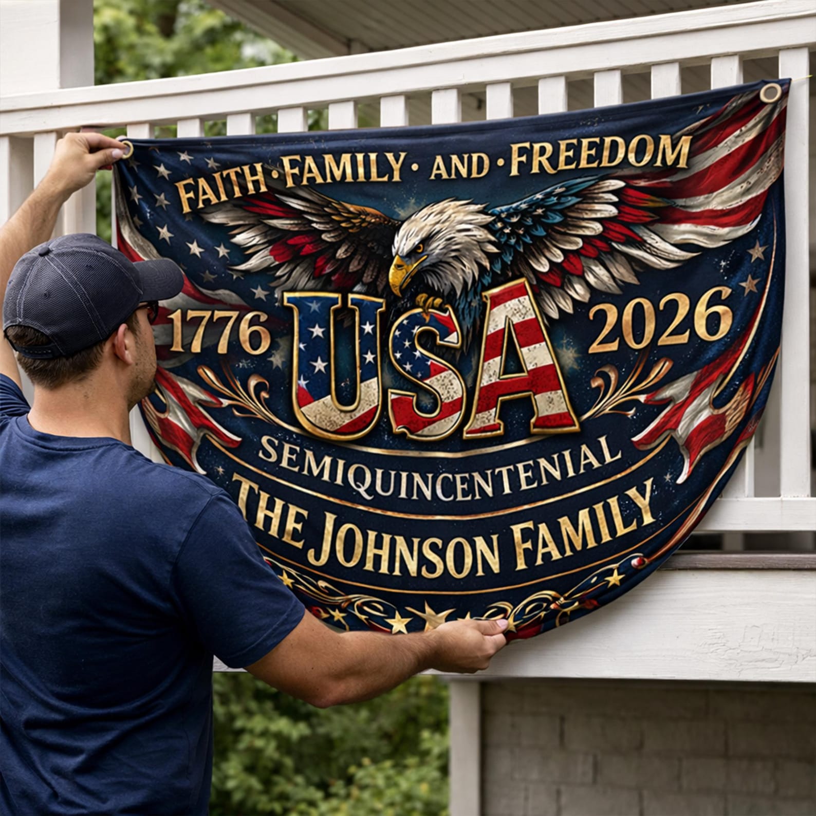 Personalized USA semiquincentennial patriotic semicircle banner with eagle and family name