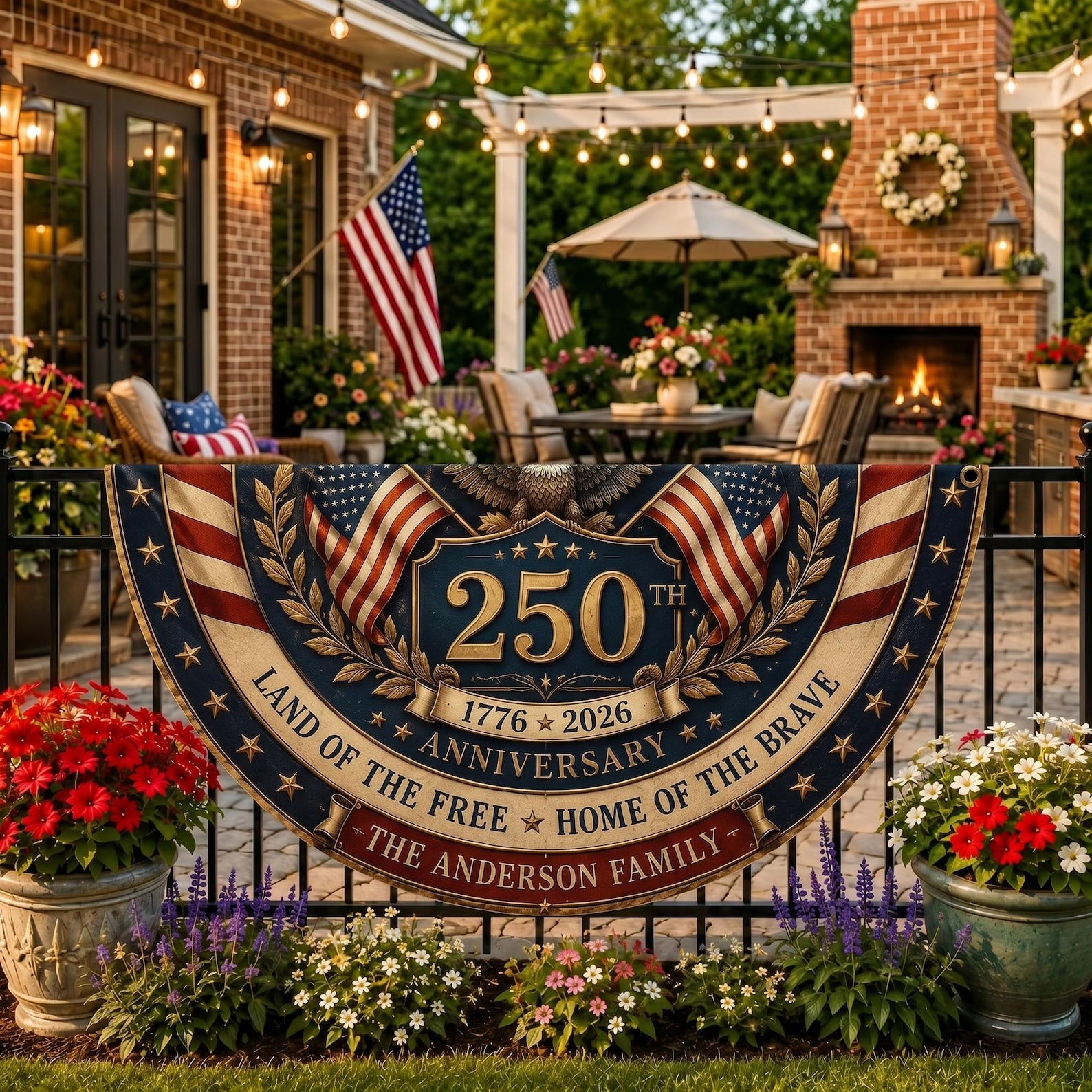 Personalized patriotic semicircle fence flag with eagle artwork and USA 250th anniversary Americana décor