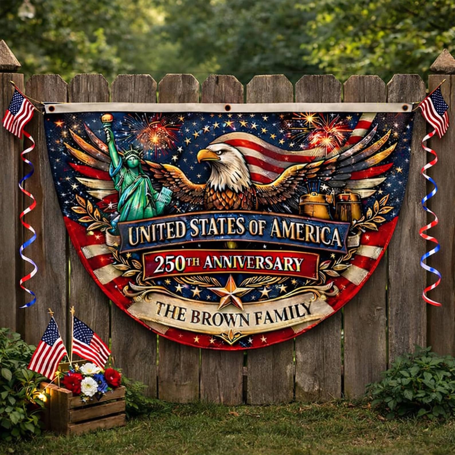 Personalized USA 250th anniversary patriotic semicircle family banner with eagle and Statue of Liberty