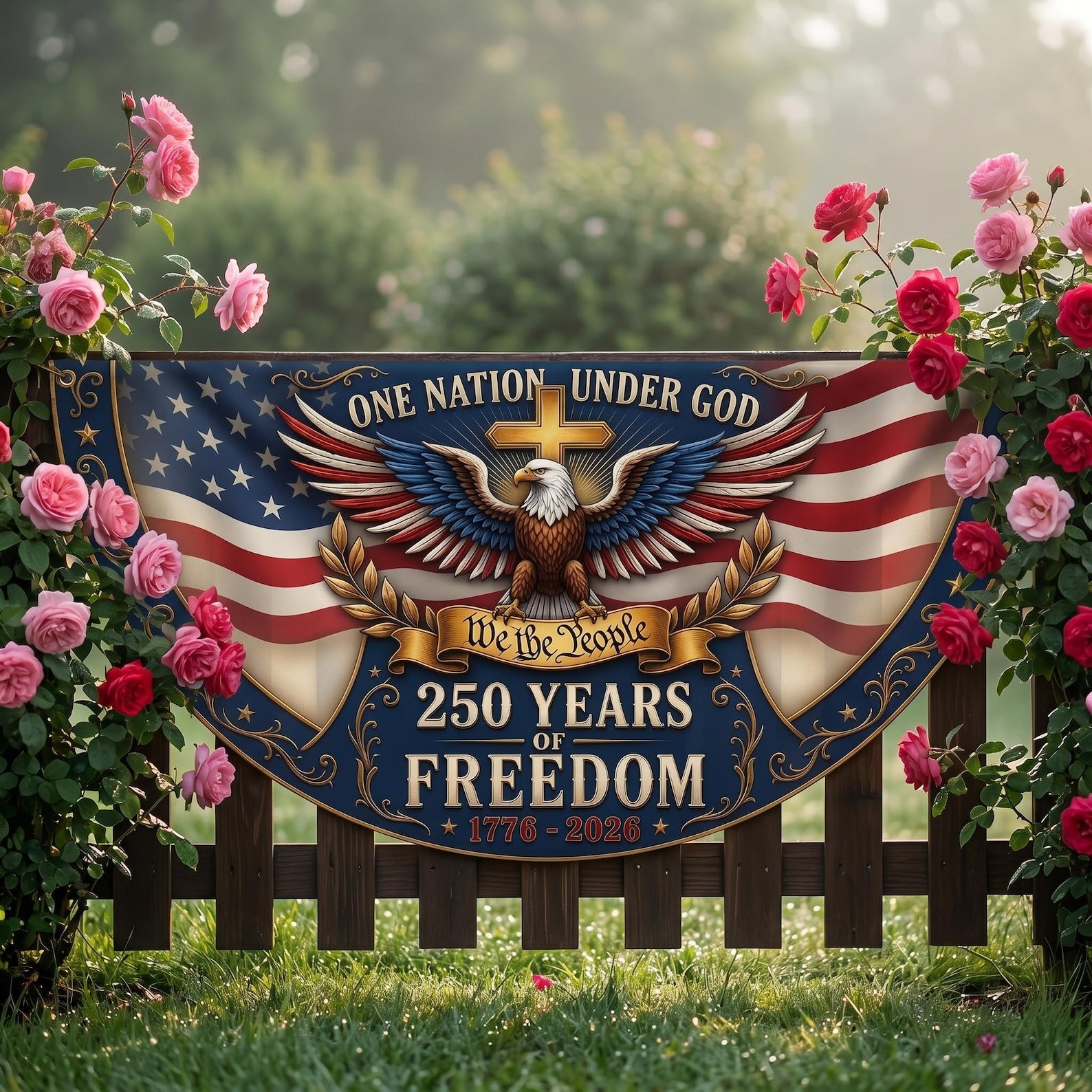 One Nation Under God patriotic semicircle fence banner with eagle artwork