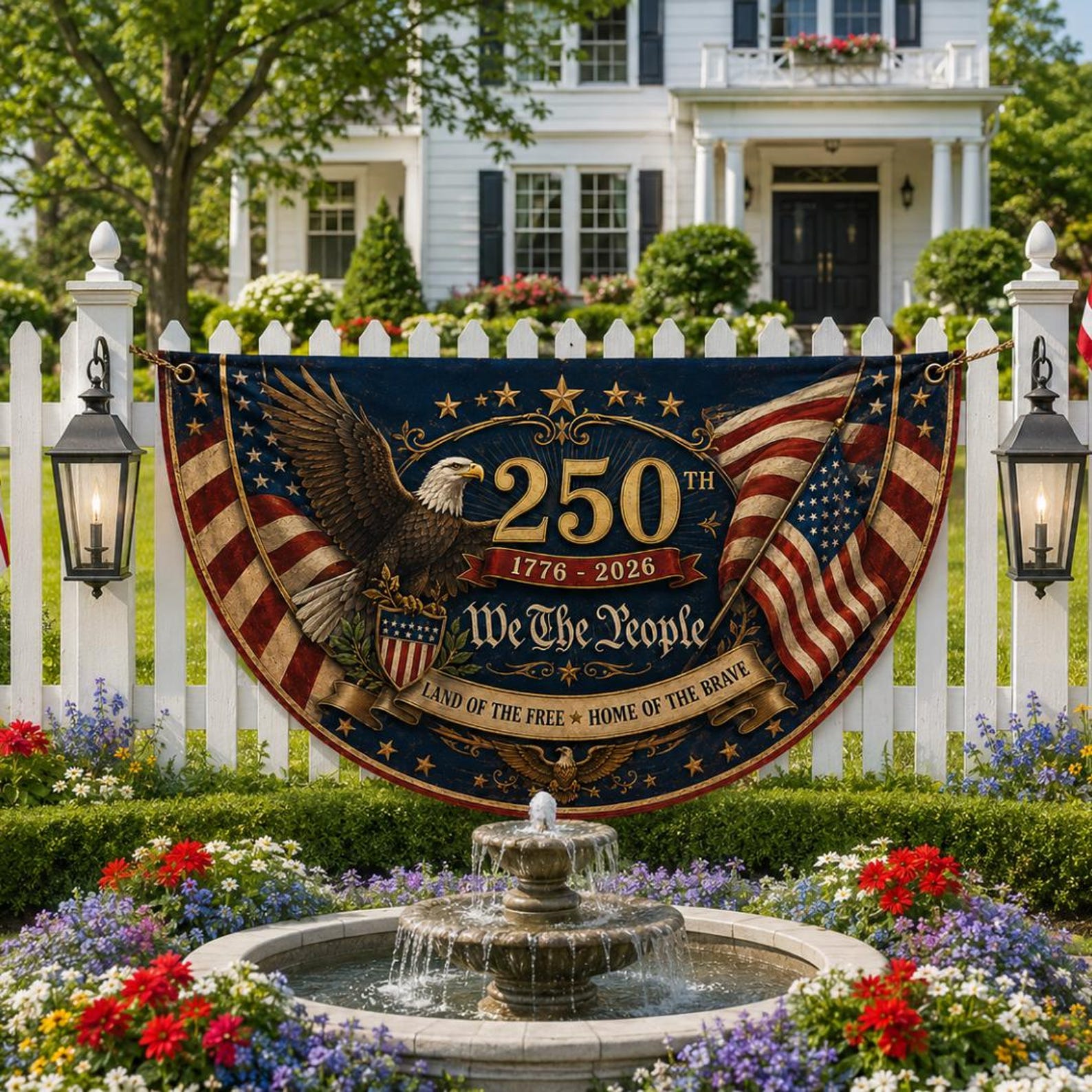 Patriotic eagle semicircle fence flag featuring vintage American flags and USA 250th Anniversary 1776-2026 outdoor Americana décor
