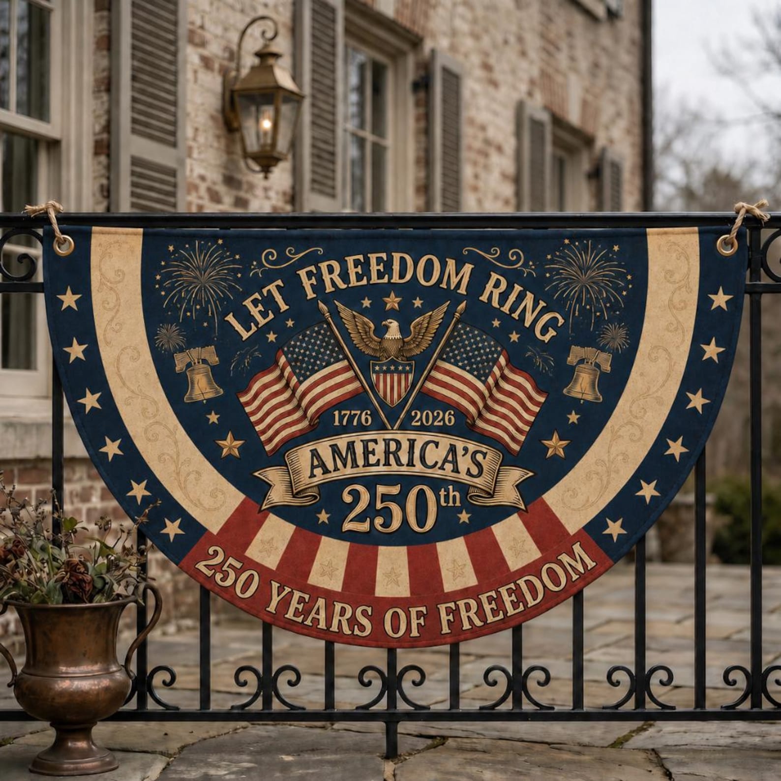 Vintage patriotic semicircle fence flag featuring Let Freedom Ring text, American flags, fireworks, and USA 250th Anniversary 1776-2026 Americana outdoor porch decor