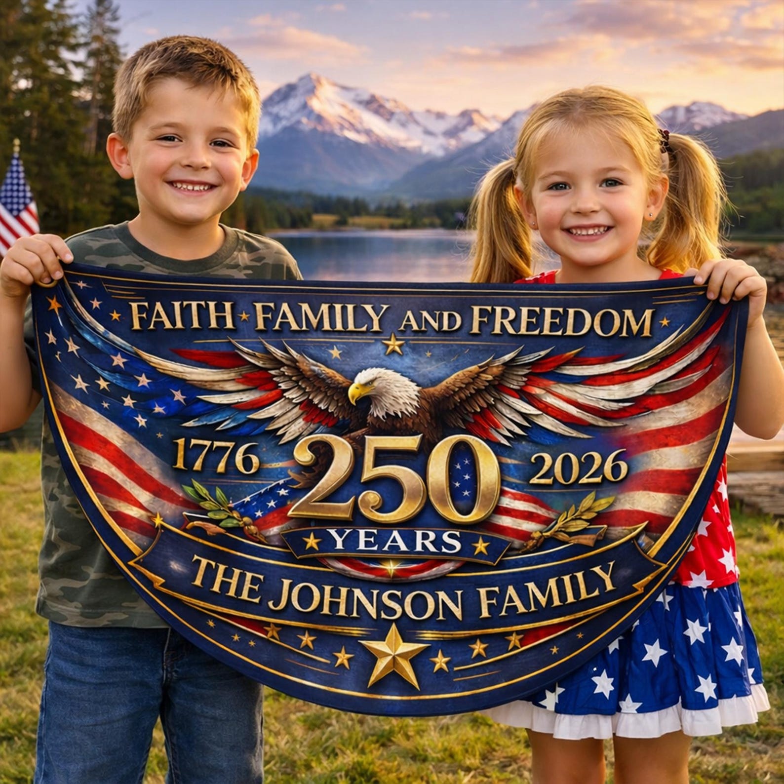 Personalized faith family freedom patriotic semicircle fence banner with eagle and vintage American flag