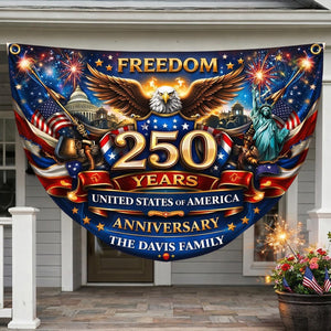 Personalized America 250 years patriotic semicircle fence banner with eagle and fireworks