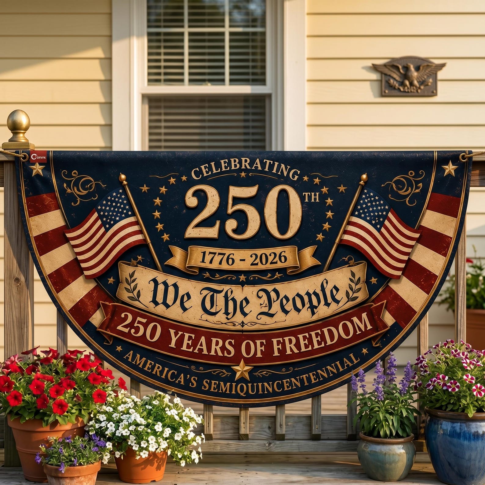 Personalized We The People semicircle fence flag with patriotic American flags and USA 250th anniversary outdoor décor