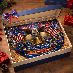 Personalized faith family freedom patriotic semicircle fence banner with eagle and Liberty Bell