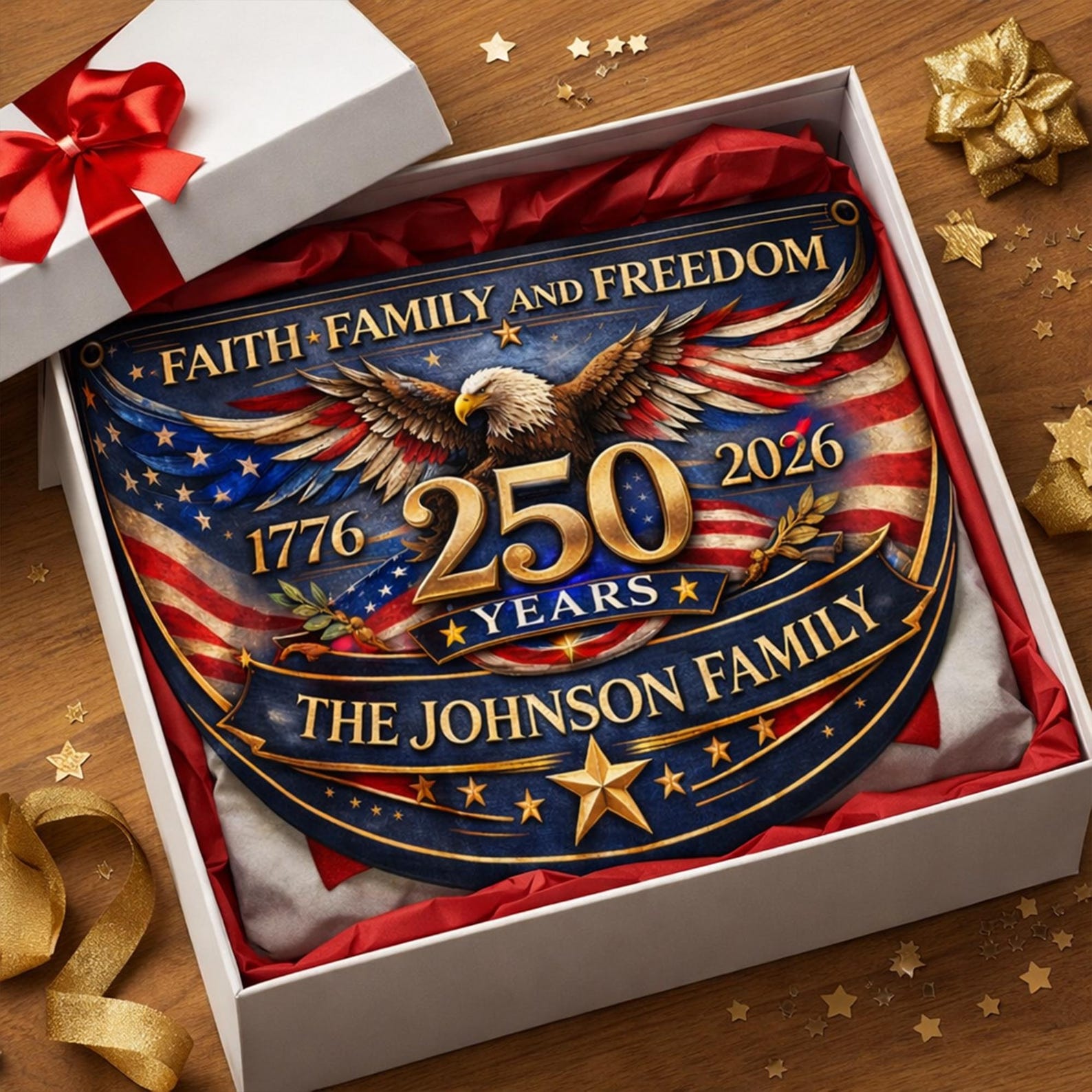 Personalized faith family freedom patriotic semicircle fence banner with eagle and vintage American flag