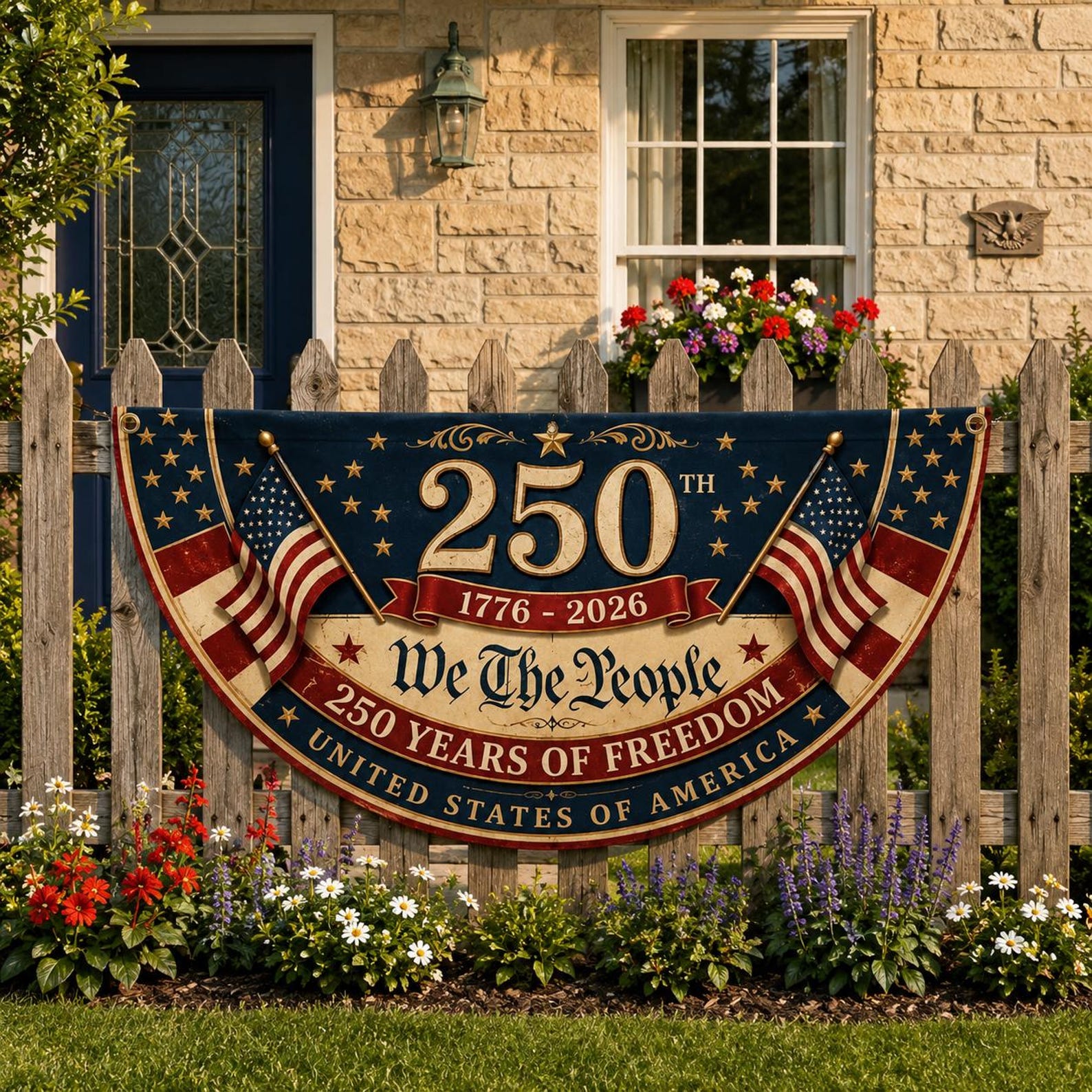 Patriotic 250 years of freedom semicircle fence flag outdoor Americana decor