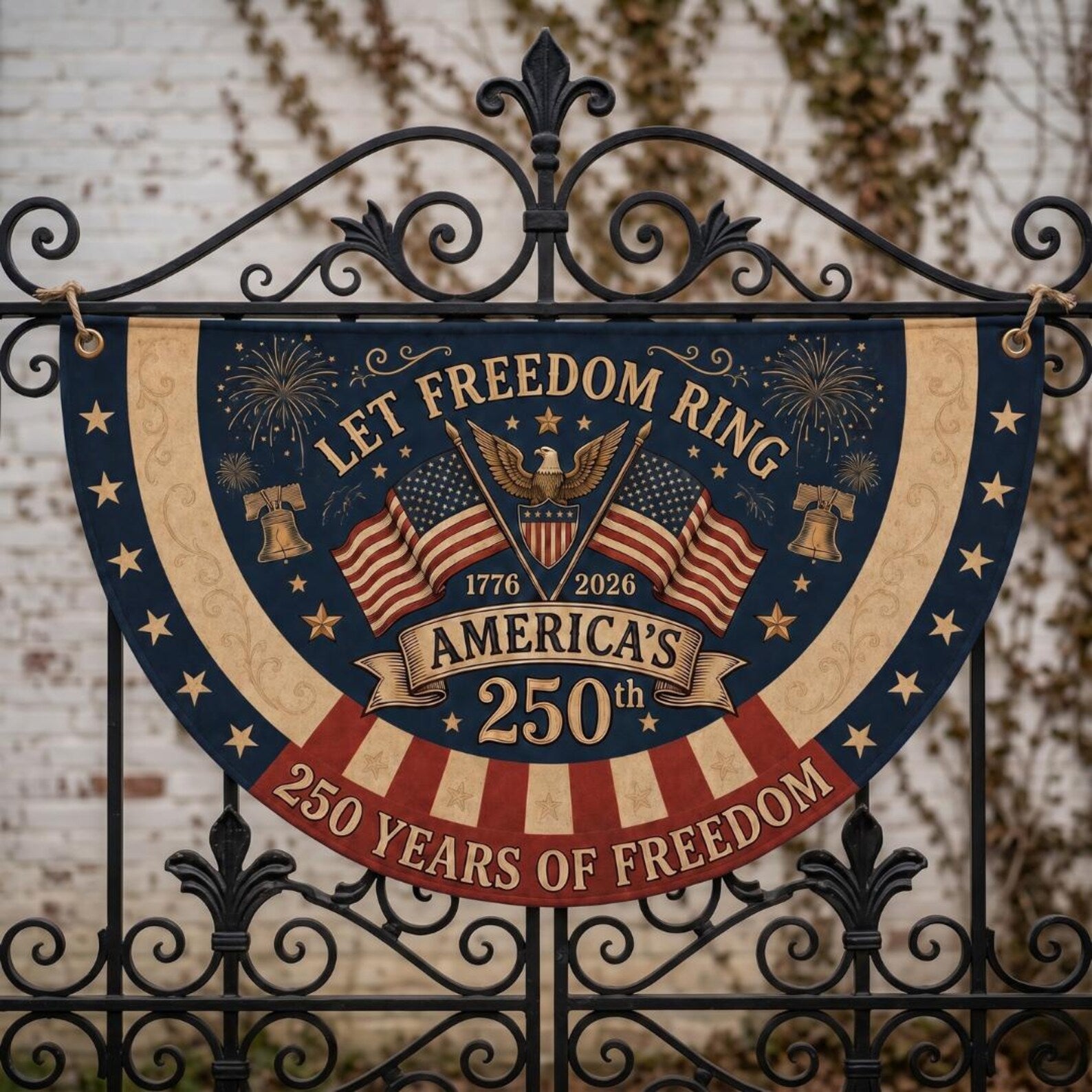 Vintage patriotic semicircle fence flag featuring Let Freedom Ring text, American flags, fireworks, and USA 250th Anniversary 1776-2026 Americana outdoor porch decor