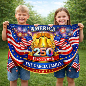 Personalized America 250 years patriotic semicircle fence banner with fireworks and Liberty Bell